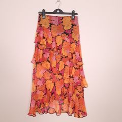 River Island Orange Pink Metallic Floral Print Tiered Ruffle Chiffon Midi Skirt 10UK/38EU