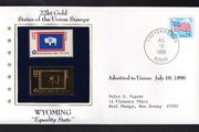 1988 USA Wyoming "Equality State" 22kt Gold Replica of the 1976 United States Flag Stamps showing 25c US flag definitive tied Cheyenne, Wyoming (state capital) illustrated cover.