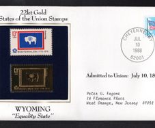1988 USA Wyoming "Equality State" 22kt Gold Replica of the 1976 United States Flag Stamps showing 25c US flag definitive tied Cheyenne, Wyoming (state capital) illustrated cover.
