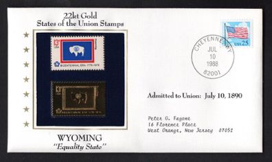 1988 USA Wyoming "Equality State" 22kt Gold Replica of the 1976 United States Flag Stamps showing 25c US flag definitive tied Cheyenne, Wyoming (state capital) illustrated cover.