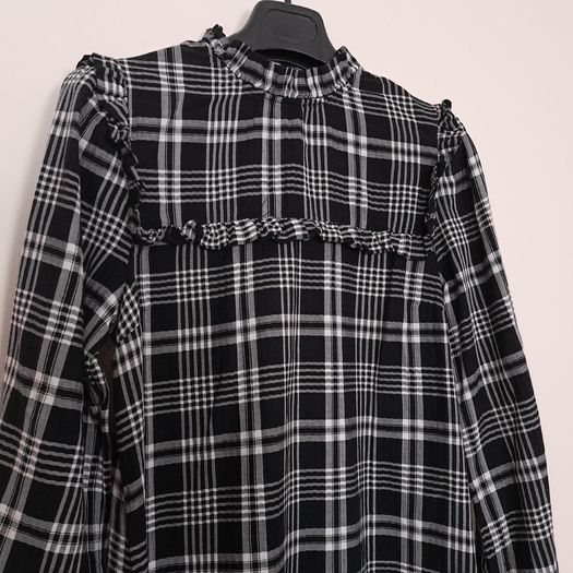 Nobody's Child Black White Plaid Checkered Ruffle High Neck Long Sleeve Mini Dress 10UK/38EU