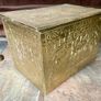 Large Ornate Brass Fireside Coal Box Embossed Tavern Scene Image 3