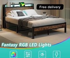 King Size Bed Frame with Charging Station and LED Lights