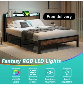 King Size Bed Frame with Charging Station and LED Lights
