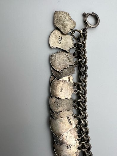 Vintage Sterling Silver Travel Shield Place Name Souvenir Charm Bracelet - 33 Charms from UK and Europe - Approx 55g