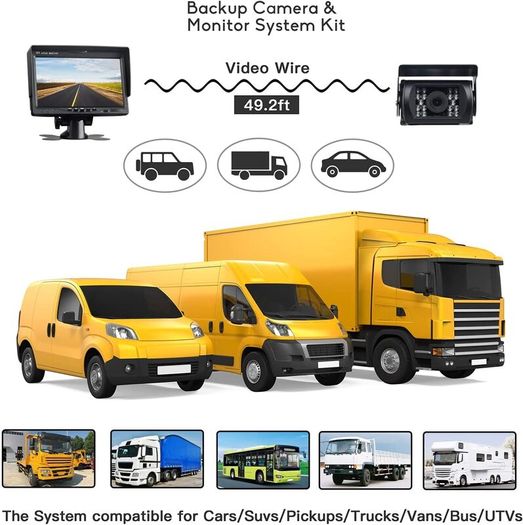 1080P Reversing Camera Kit with 7-Inch HD Monitor, IP68 Waterproof Night Vision Camera, Parking Sensors & 15m Cable for Van, Truck, RV, Bus and Trailer