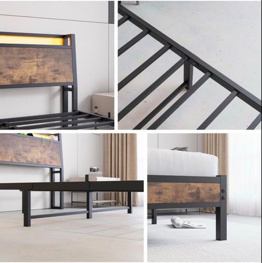King Size Bed Frame with Wood Headboard Storage, Black Charging Station, LED Lights, Heavy Duty Metal Slats, Under Bed Storage,No Box Spring Needed,Easy Assembly