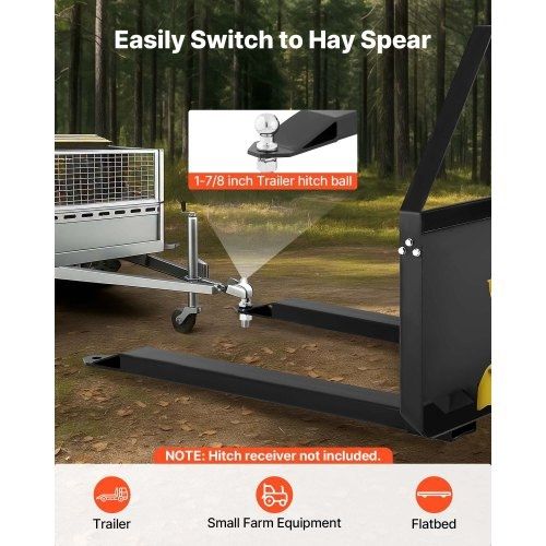 Skid Steer Pallet Forks, 1179 kg Rated Capacity, Pallet Fork Frame Attachment with 122 cm Pallet Forks Blades, 47.6 mm Ball Hitch Receiver
