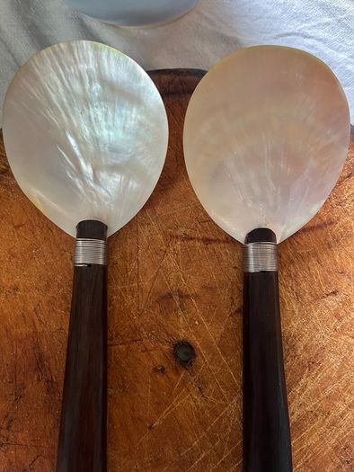 Vintage Mother of Pearl Serving Spoons Pair Caviar Fish Shell Spoon Wooden Handle serving spoon