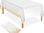 White and Gold Party Tablecloth Plastic Tablecloth 137x274cm Gold Dot Confetti Table Cover Rectangular Party Table Cover for Picnic, Baby Shower, Halloween, Christmas, Birthday Decorations