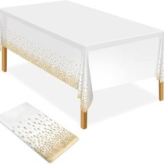 White and Gold Party Tablecloth Plastic Tablecloth 137x274cm Gold Dot Confetti Table Cover Rectangular Party Table Cover for Picnic, Baby Shower, Halloween, Christmas, Birthday Decorations