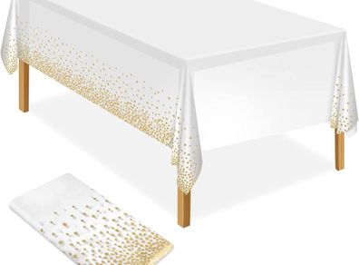 White and Gold Party Tablecloth Plastic Tablecloth 137x274cm Gold Dot Confetti Table Cover Rectangular Party Table Cover for Picnic, Baby Shower, Halloween, Christmas, Birthday Decorations