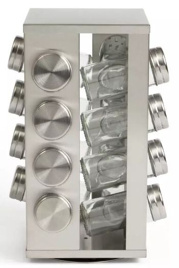 Rotating spice rack with 16 glass jars