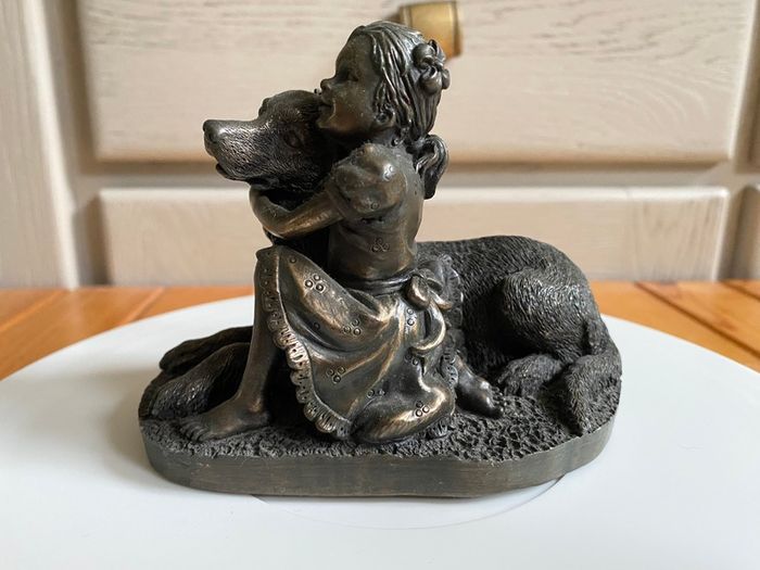 Vintage Adonis Bronze Girl with a Labrador Dog
