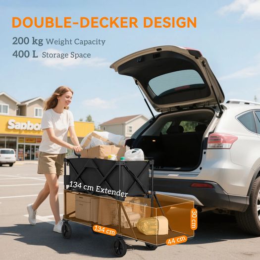 Double Decker Folding Festival Trolley on Wheels, 200KG & 350L Capacity Collapsible Wagon Festival Trolley Cart with 134cm Extended for Camping Sports Shopping Garden and Beach, Black
