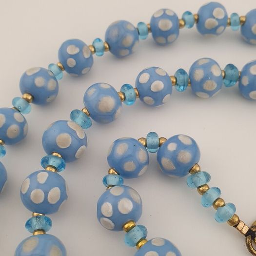 Vintage Venetian Style Light Blue White Dotted Glass Beads Necklace