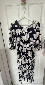 Navy & Cream F&f Floral Shirred long Dress Size 14