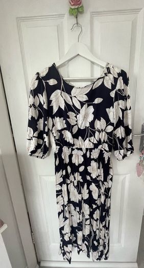Navy & Cream F&f Floral Shirred long Dress Size 14