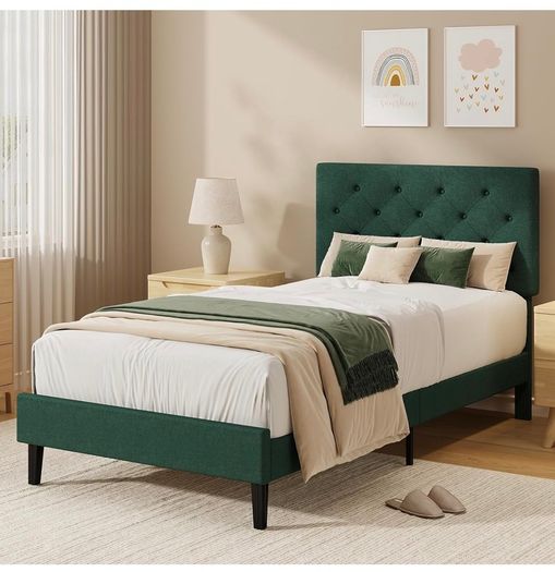 Single Bed Frame with Headboard, 90 X 190, Green Upholstered Bed Frame, Adjustable, Heavy Duty, Easy Assembly, No Box Spring Needed
