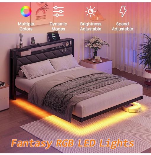 4ft6 Upholstered Floating Double Bed Frame Black, Storage Headboard Metal Bed Frame with LED Lights and Charging Station, Heavy Duty Metal Slat Support, Noise Free, No Box Spring Needed