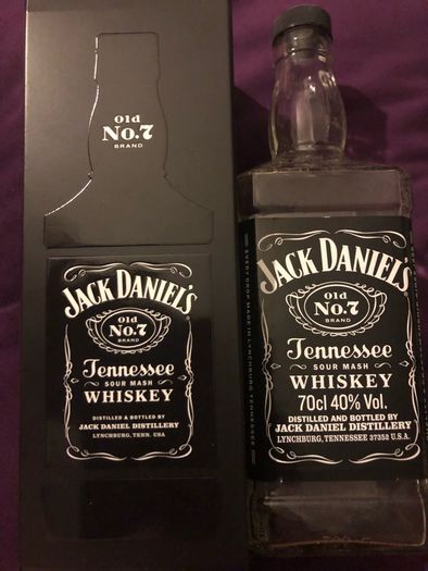 Jack Daniels whiskey empty bottle and box