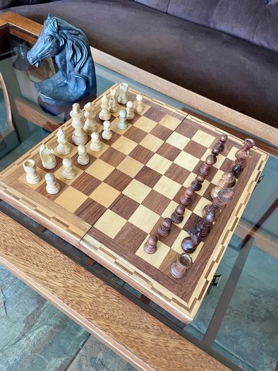 Vintage Marquetry Inlaid Folding Wooden Chess Board Chess Pieces Dice and Counters