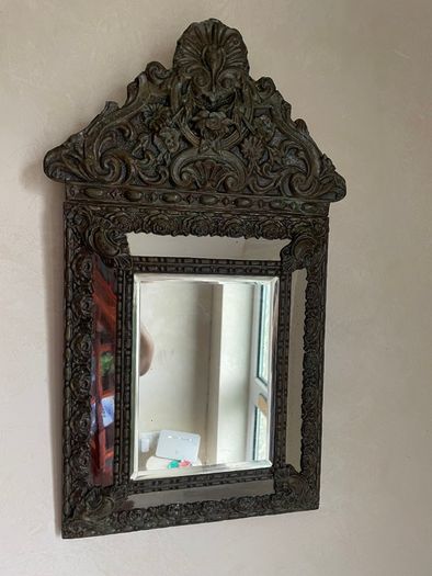 Antique Ornate Dutch Brass Repousse Cushion Wall Mirror Bevelled Glass