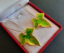 Green Ivy Leaf Earrings, Enameled Botanical Drop Earrings, Nature Inspired Jewelry, Gold Tone Leaf Dangle Earrings