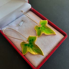 Green Ivy Leaf Earrings, Enameled Botanical Drop Earrings, Nature Inspired Jewelry, Gold Tone Leaf Dangle Earrings