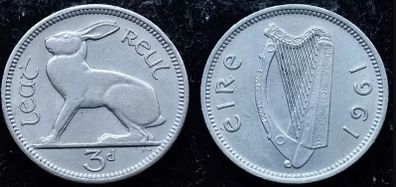 [#325] - Ireland 1961 | Irish 3 Pence | Hare | KM.12a