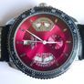 Winner Automatic Watch Skeleton Back Silvertone Red Dial Date Black Band Works Image 5