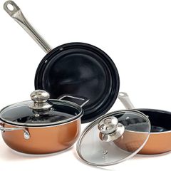 Non-Stick Cooking Pans and Pots Set - 5 pcs Oven Safe Copper Cookware - Induction Hob Saucepan Pots with Lids - Kitchenware Frying Pan