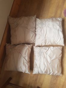 Cushions in Beige Faux Raw Silk with Pearl and Crystal embellishments from Linens & Lace x4