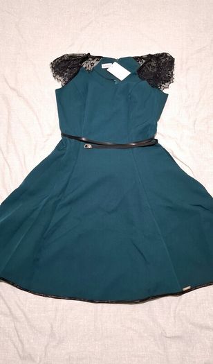 Flared Dress with lace sleeves Matching Belt Dark Green