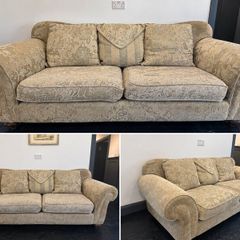 Beige damask floral upholstery couch