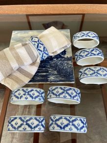 Eight Porcelain Vintage Napkin Holders Blue White