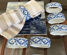 Eight Porcelain Vintage Napkin Holders Blue White