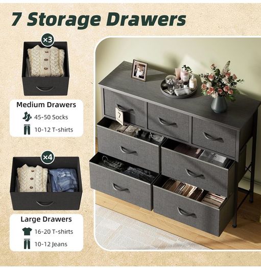 Chest of Drawers for Bedroom with 7 Drawers, Fabric Storage Drawer, Tall Black Hallway Storage Unit