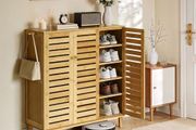 Bamboo Shoe Storage Cabinet Wooden Shoes Rack Organiser with Slatted Doors