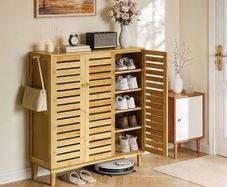 Bamboo Shoe Storage Cabinet Wooden Shoes Rack Organiser with Slatted Doors
