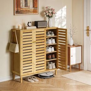 Bamboo Shoe Storage Cabinet Wooden Shoes Rack Organiser with Slatted Doors