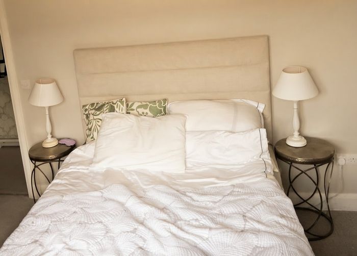King size bed + headboard + mattress + bedside tables + lamps