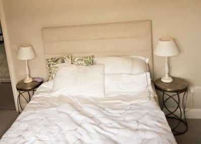 King size bed + headboard + mattress + bedside tables + lamps