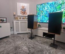 VINTAGE Gold Bowers and Wilkins DM2 Transmission Line Speakers with the iconic Coles 4001G super-tweeter