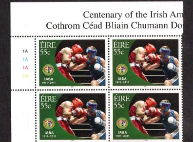 2011 Ireland Irish Amateur Boxing Association Centenary Commemorative Stamps Plate Block 1A1A1A1A Mint Never Hinged (MNH).