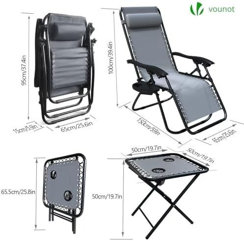 Zero Gravity Chair with Side Table, Set of 2, Deck Folding Recliner Sun Loungers Outdoor Chair with Cup and Phone Holder, Grey
