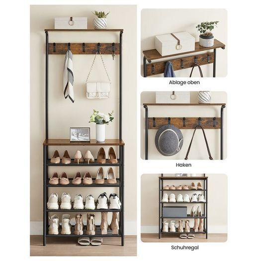 Coat rack with 5 shelves coat rack, clothes rack, wardrobe with 5 double hooks, shoe rack with 5 levels, one shelf above, for apartments, bedroom, hallway, industrial design, vintage brown-black