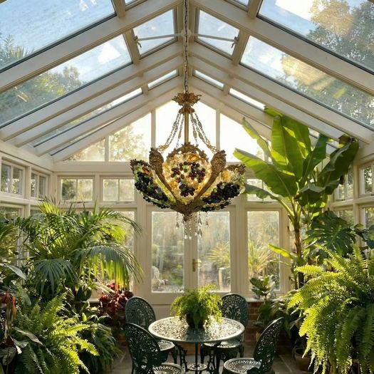 Large Old Brass and glass light with flowers and grapes