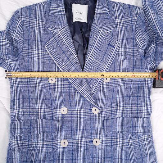 Mango Blue White Checked Plaid Double Breasted Blazer Coat Overcoat Size S