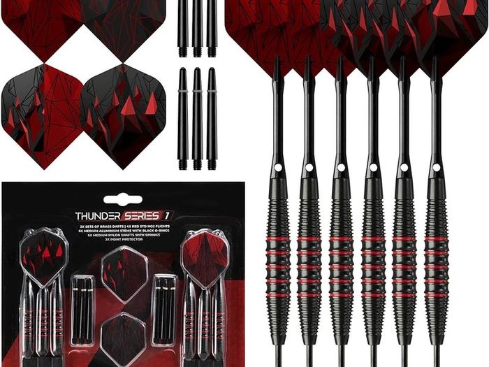 SALE | 24 Piece Steel Tip Dart Set with Brass Barrels, Flights and Aluminium Shafts, Series 1, Black/Red